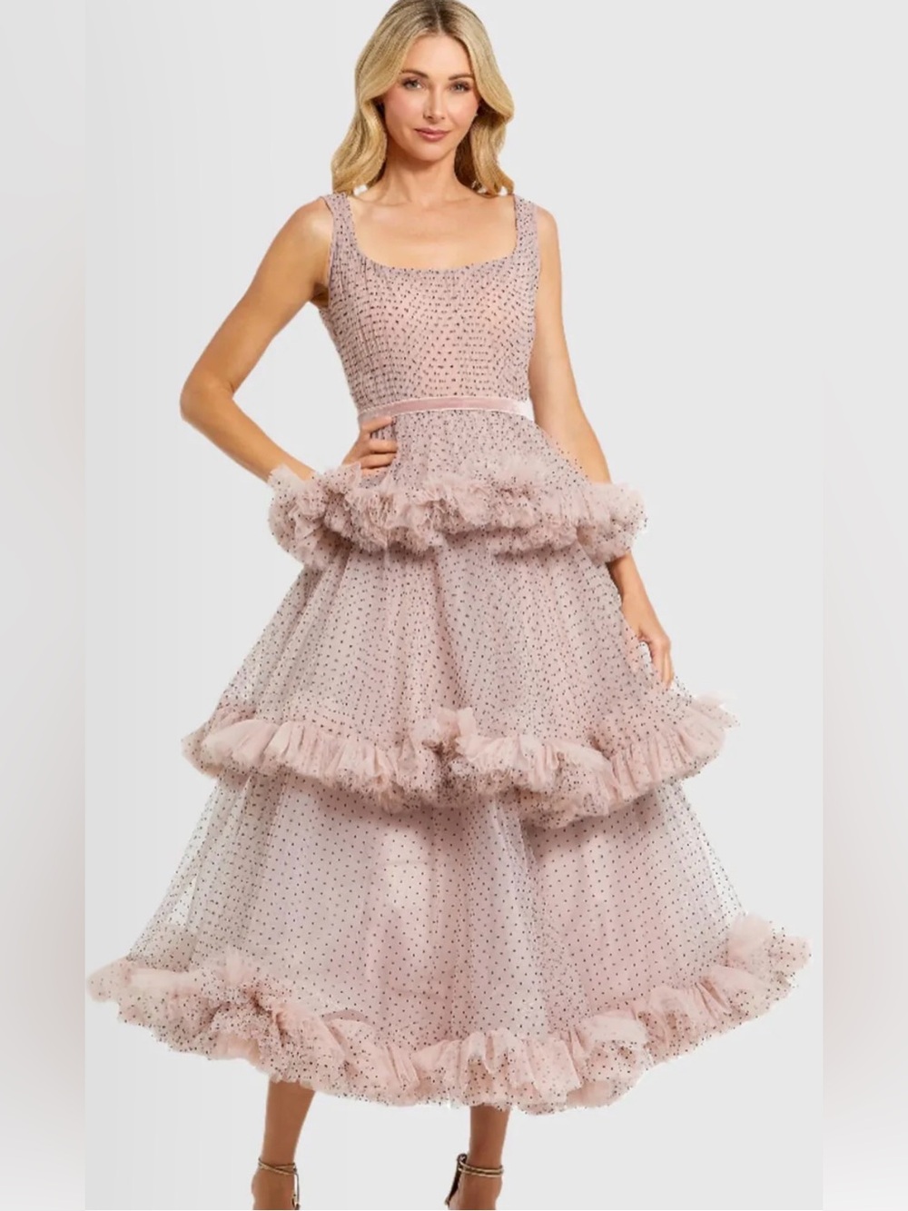 NWT Mac Duggal Blush Pink Swiss Dot Tiered Tulle Ruffle Gown | Size 10